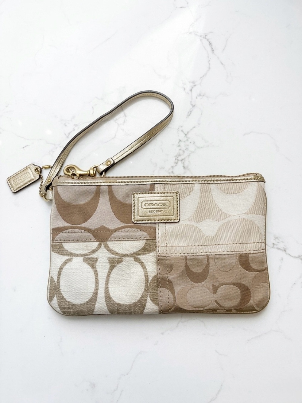 Coach Signature Patchwork Wristlet in Beige/Tan